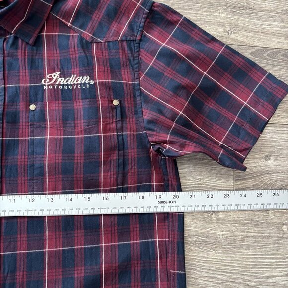 Indian Motorcycle Flannel Mens S Red/Blue Plaid Short Sleeve Button Down Bikers - Picture 6 of 16